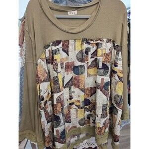 POL Boho Patchwork Top Size M Oversized Rib Knit Mixed Fabric Tunic Lace Trim